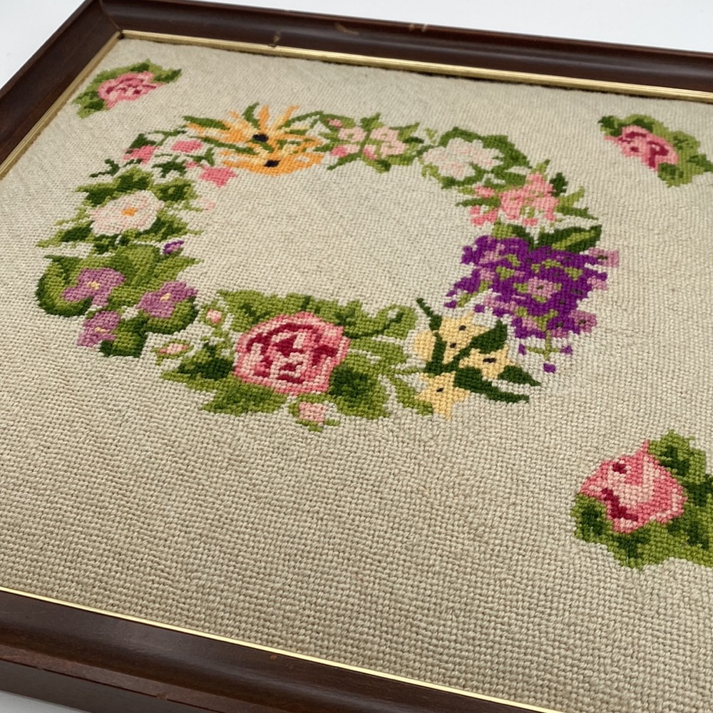 Vintage Handmade Needlepoint Floral Cottagecore Framed Wall Art - Picture 4 of 6